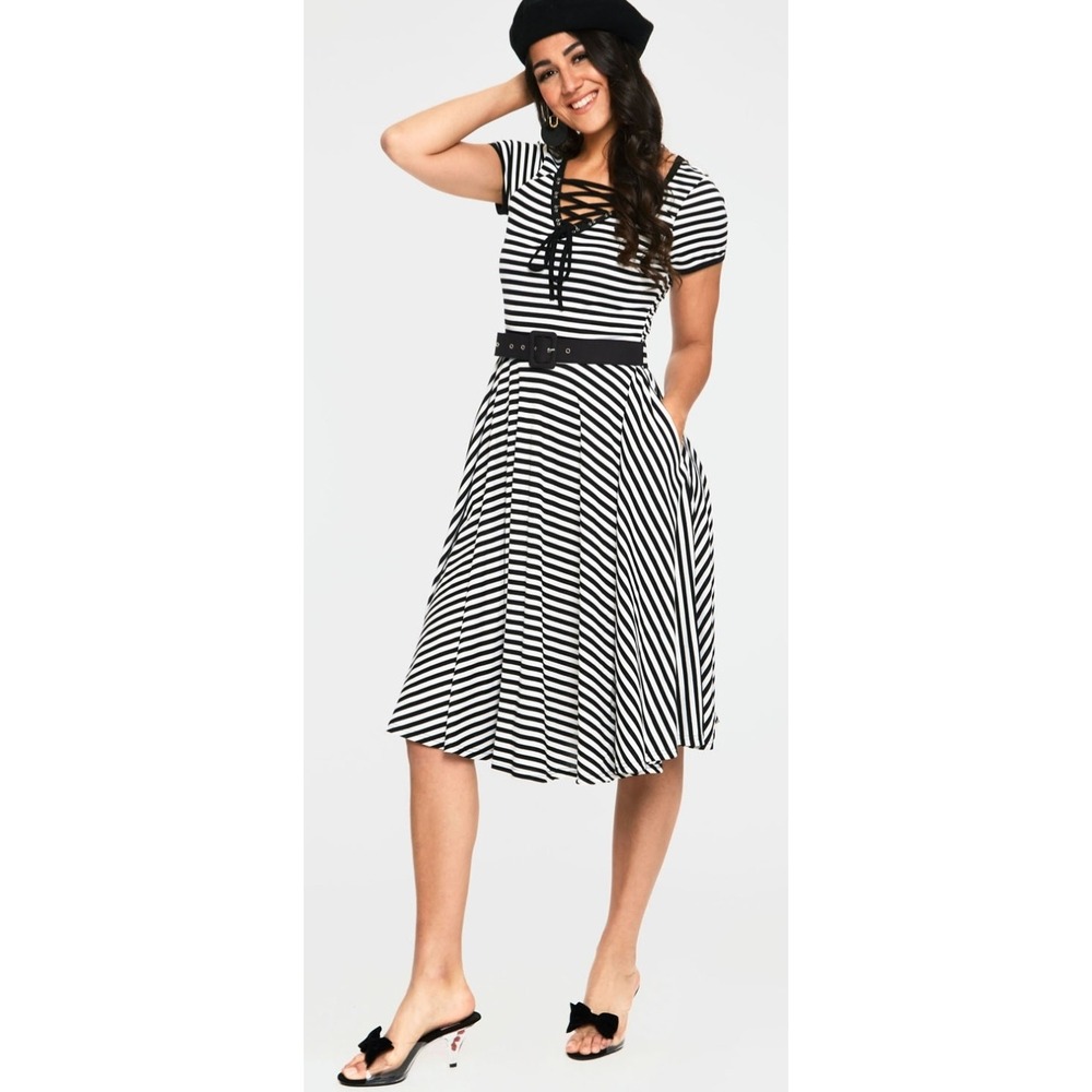 Voodoo Vixen Striped Lace Up Midi Dress Black White Rockabilly Retro M US6 Goth